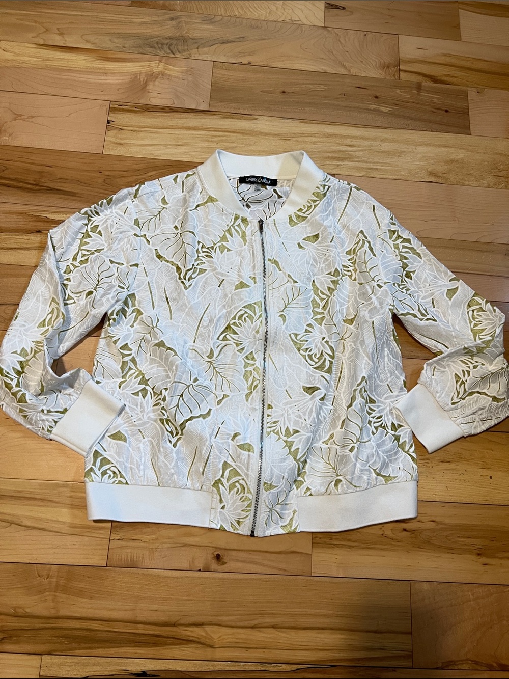 Gabby Isabella White Lace Bomber Jacket with Olive Underlay